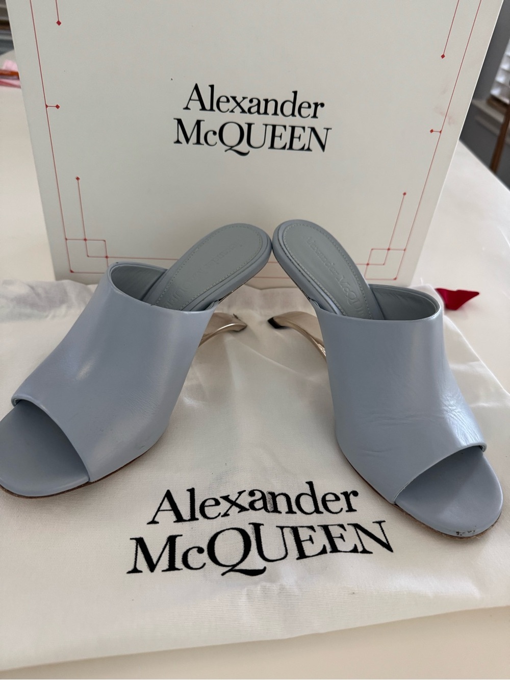 Alexander McQueen Powder Blue Leather Open-Toe Mules